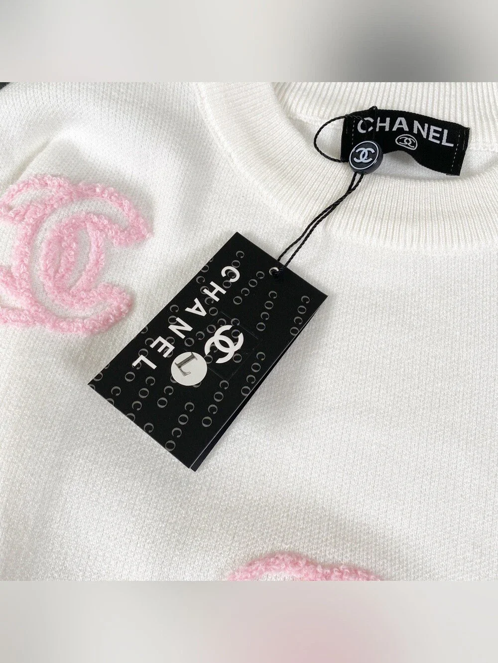 CHANEL White Crewneck Sweater with Pink CC Motifs